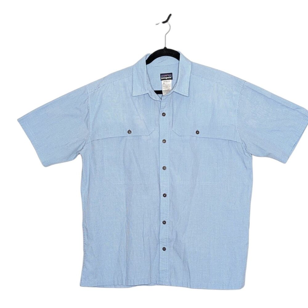 Patagonia Shirt Sz LARGE Short Sleeve Micro Squares Cyan Blue Button Up Gorpcore